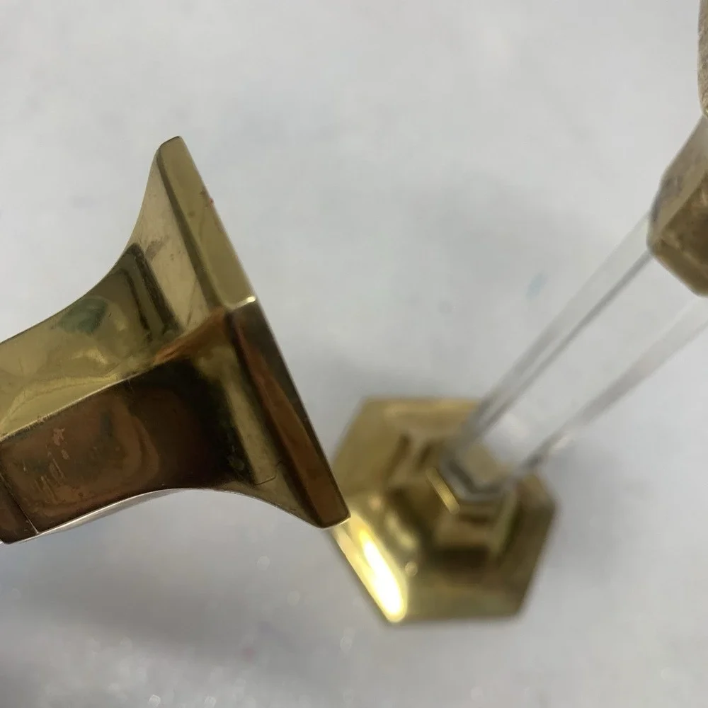 Vintage Party Lite Brass Lucite Candlestick Holders Pair 7" Romantic READ - Picture 15 of 16